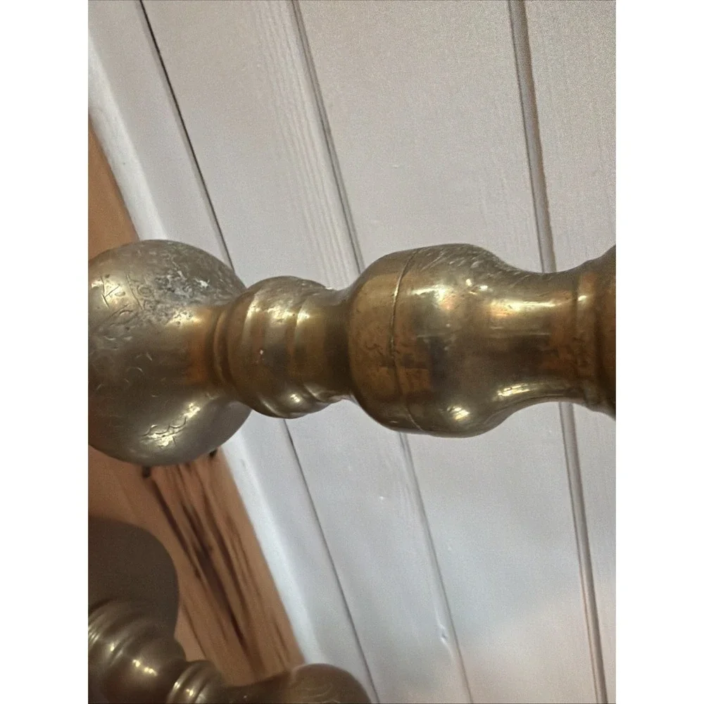Pair Of Brass Floor Candle Holder Etched Church Pilar Candlestick Wedding ES0026